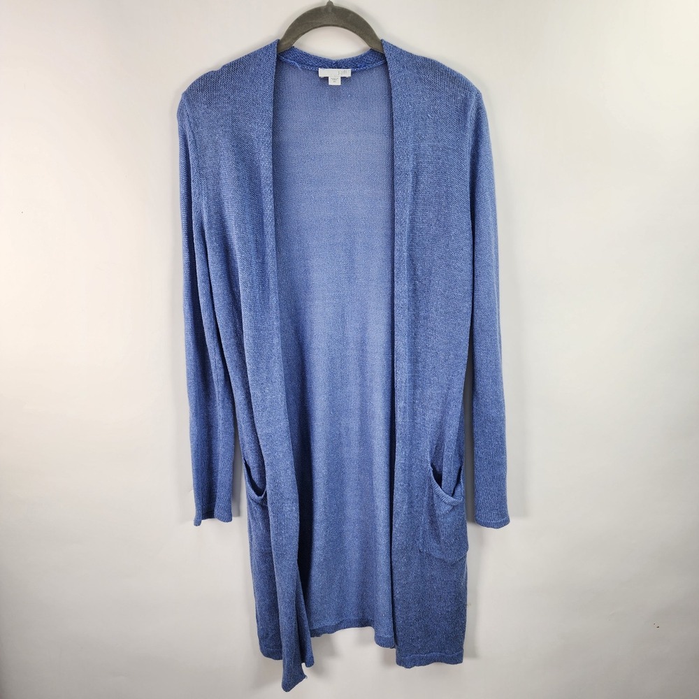 J Jill Blue Linen Blend Long Cardigan Sweater Women's XP Beachy Breathable Open